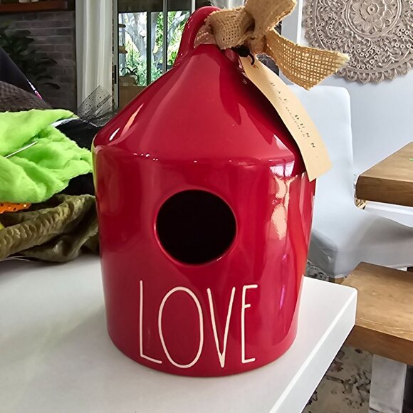 Rae Dunn NWT Red Ceramic Birdhouse With Burlap Ribbon Love Artisan - Picture 1 of 8